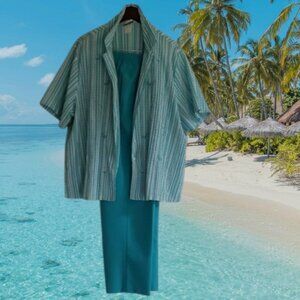 Bonworth Women's Teal Striped Button-Up Shirt and Pants Set  ✨Size: XL Petite✨